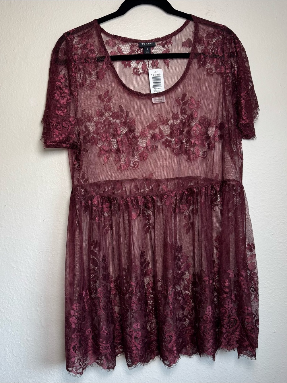 TORRID Women's 1X (14-16) Babydoll Top Stretch Lace Wine Burgundy Scoop Neck